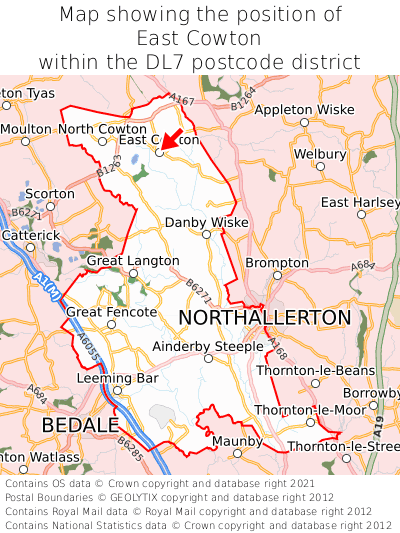 Map showing location of East Cowton within DL7