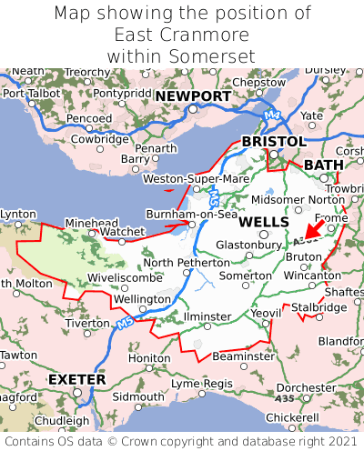 Map showing location of East Cranmore within Somerset