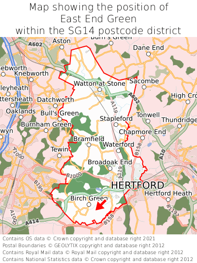 Map showing location of East End Green within SG14