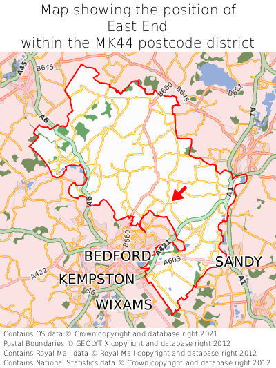 Map showing location of East End within MK44