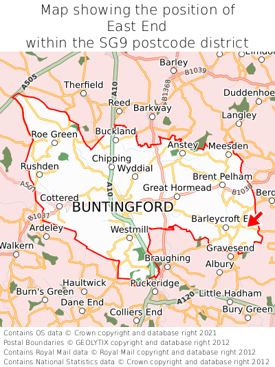 Map showing location of East End within SG9