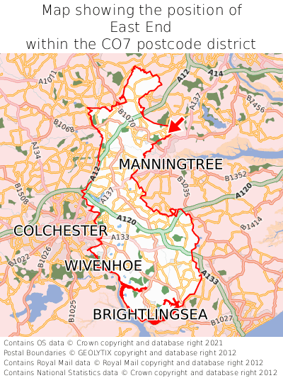 Map showing location of East End within CO7