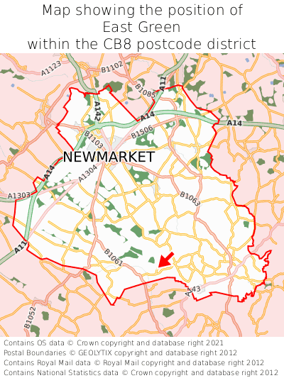 Map showing location of East Green within CB8