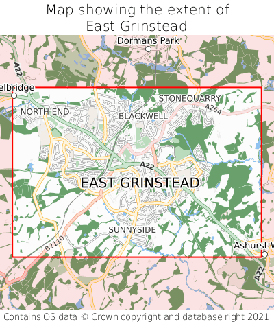 Map showing extent of East Grinstead as bounding box