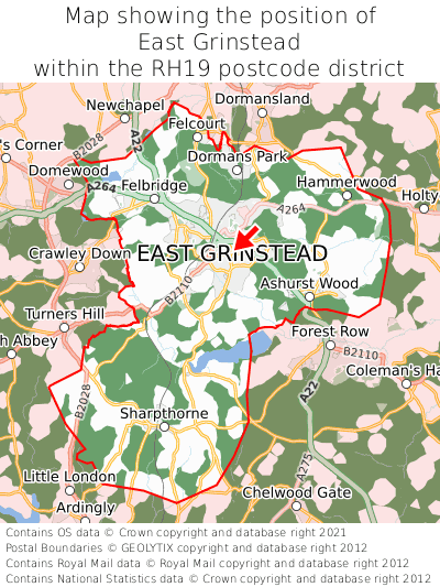Map showing location of East Grinstead within RH19