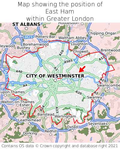 Map showing location of East Ham within Greater London