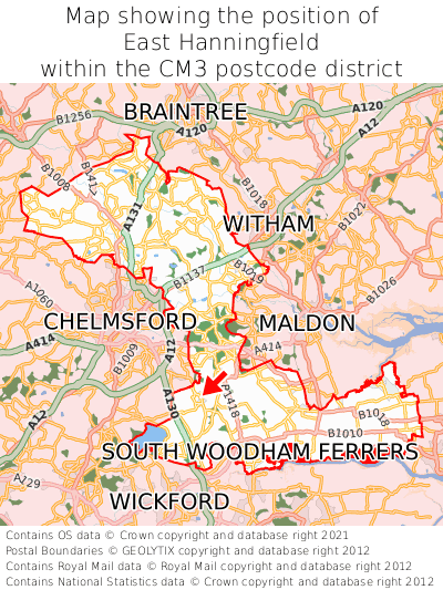 Map showing location of East Hanningfield within CM3