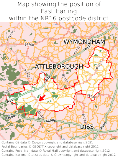 Map showing location of East Harling within NR16