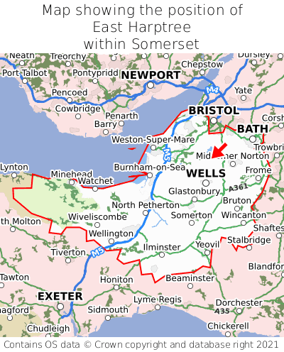 Map showing location of East Harptree within Somerset