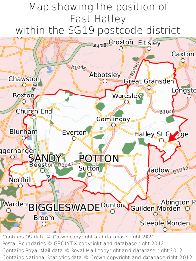 Map showing location of East Hatley within SG19