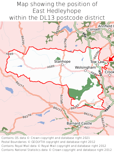 Map showing location of East Hedleyhope within DL13