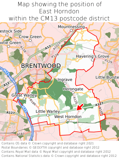 Map showing location of East Horndon within CM13