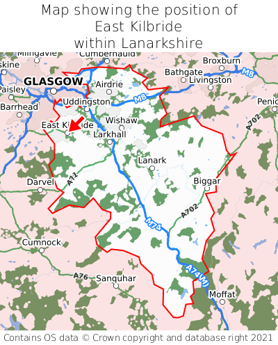 Map showing location of East Kilbride within Lanarkshire