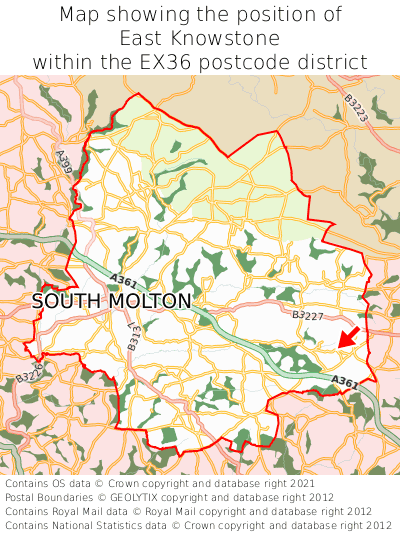 Map showing location of East Knowstone within EX36