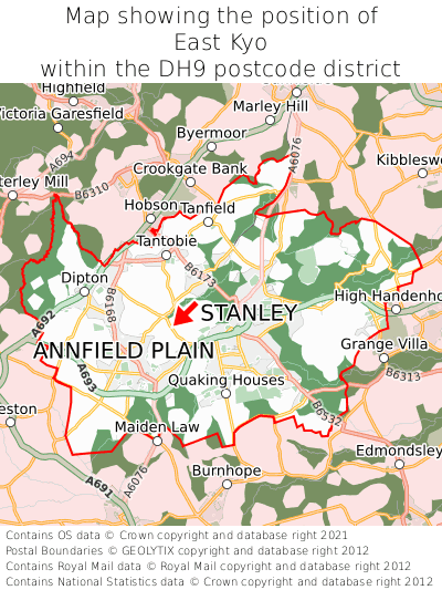 Map showing location of East Kyo within DH9