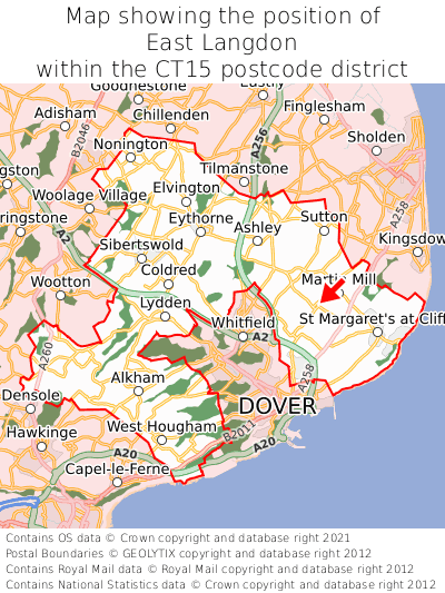 Map showing location of East Langdon within CT15