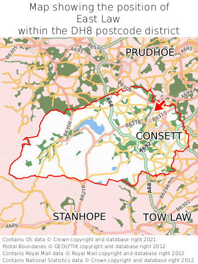 Map showing location of East Law within DH8