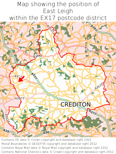 Map showing location of East Leigh within EX17