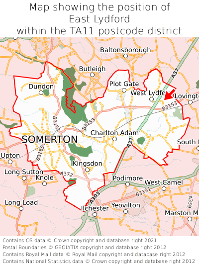 Map showing location of East Lydford within TA11