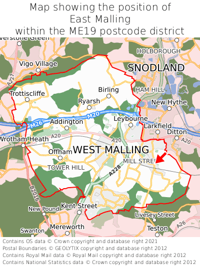 Map showing location of East Malling within ME19