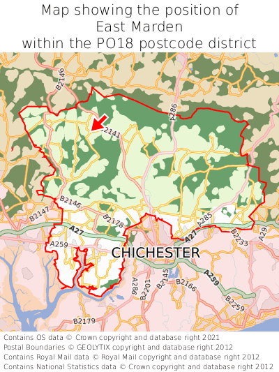 Map showing location of East Marden within PO18