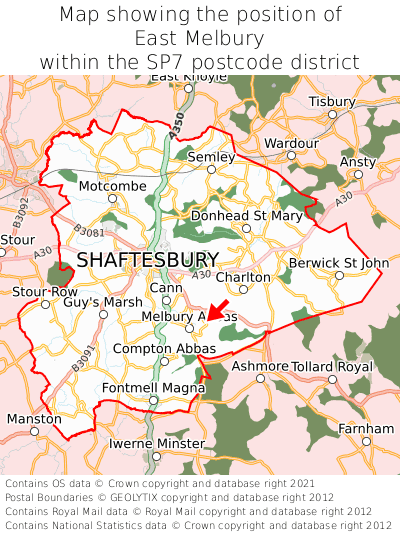 Map showing location of East Melbury within SP7