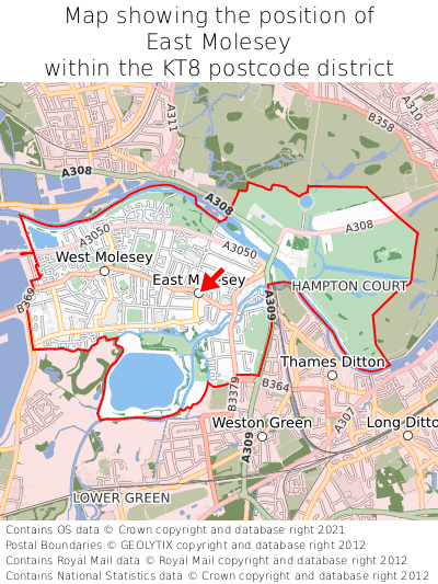 Map showing location of East Molesey within KT8