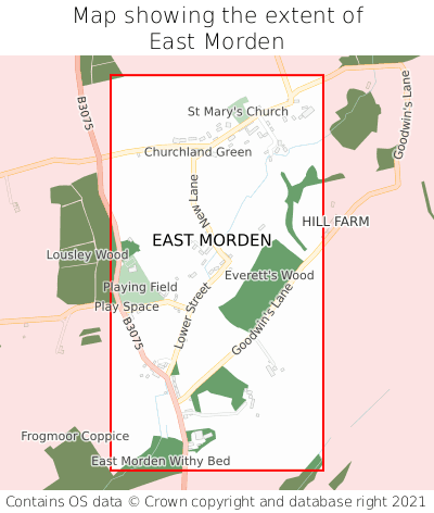Map showing extent of East Morden as bounding box