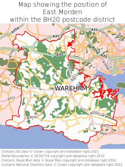 Map showing location of East Morden within BH20