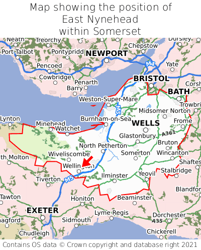 Map showing location of East Nynehead within Somerset