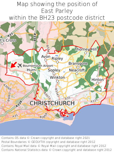 Map showing location of East Parley within BH23