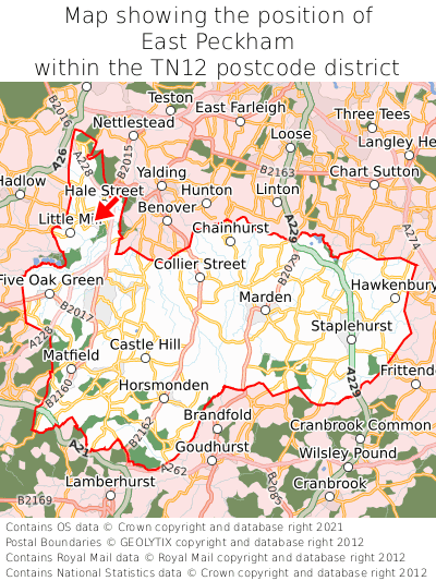 Map showing location of East Peckham within TN12