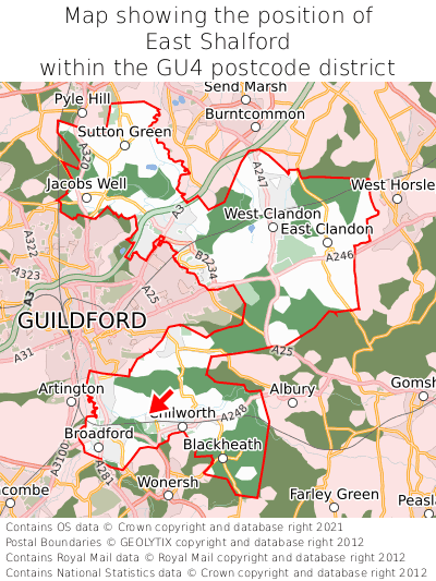 Map showing location of East Shalford within GU4