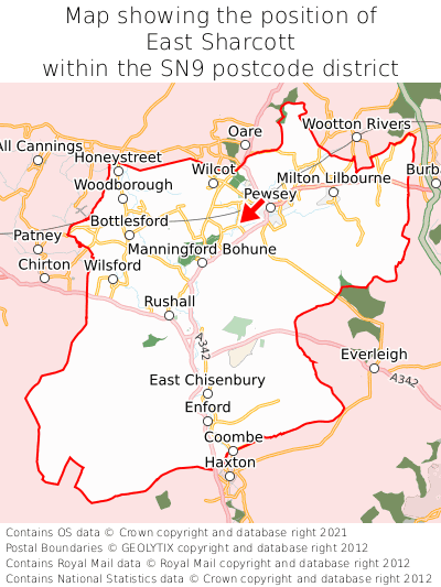 Map showing location of East Sharcott within SN9