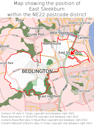 Map showing location of East Sleekburn within NE22