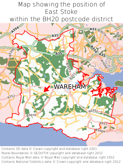 Map showing location of East Stoke within BH20