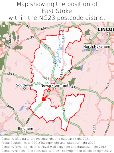 Map showing location of East Stoke within NG23