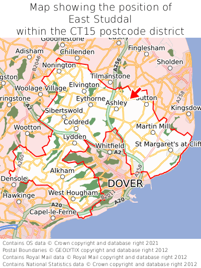 Map showing location of East Studdal within CT15