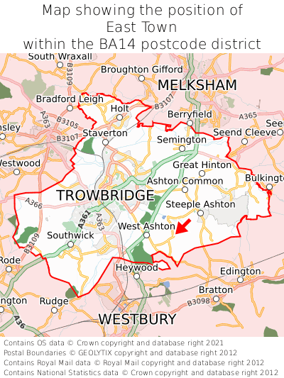 Map showing location of East Town within BA14