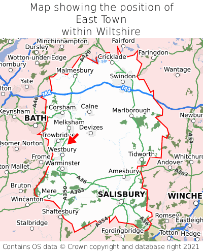 Map showing location of East Town within Wiltshire