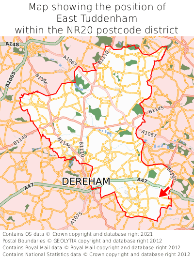Map showing location of East Tuddenham within NR20