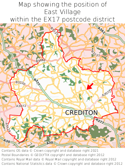 Map showing location of East Village within EX17