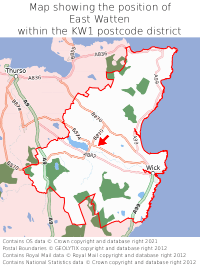 Map showing location of East Watten within KW1