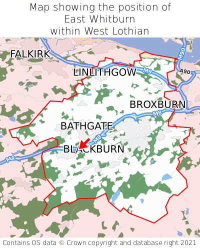 Map showing location of East Whitburn within West Lothian
