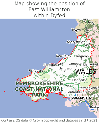 Map showing location of East Williamston within Dyfed