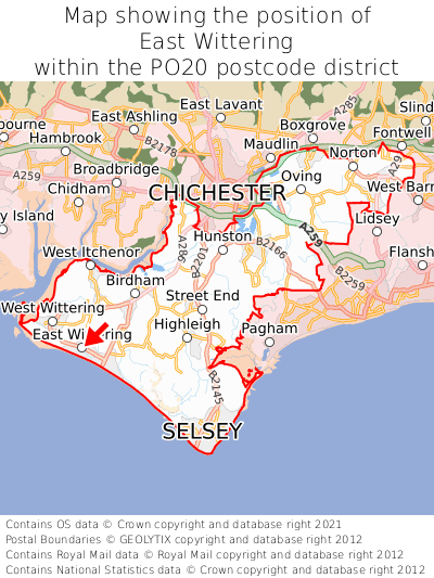 Map showing location of East Wittering within PO20