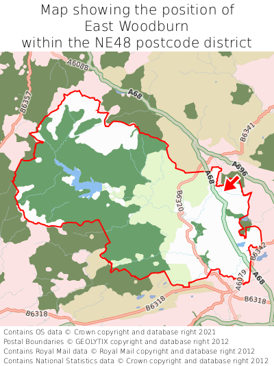Map showing location of East Woodburn within NE48