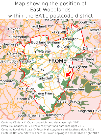 Map showing location of East Woodlands within BA11