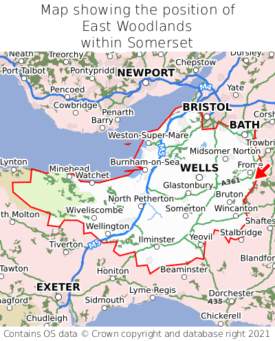 Map showing location of East Woodlands within Somerset