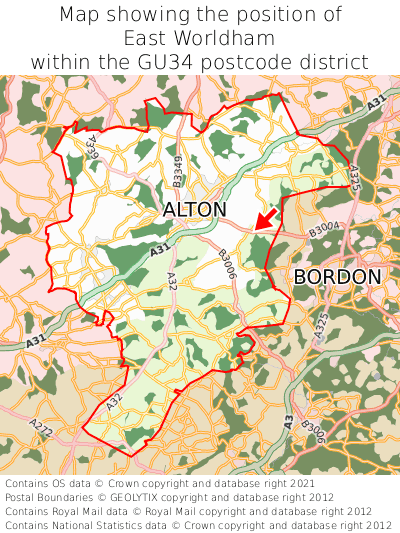 Map showing location of East Worldham within GU34